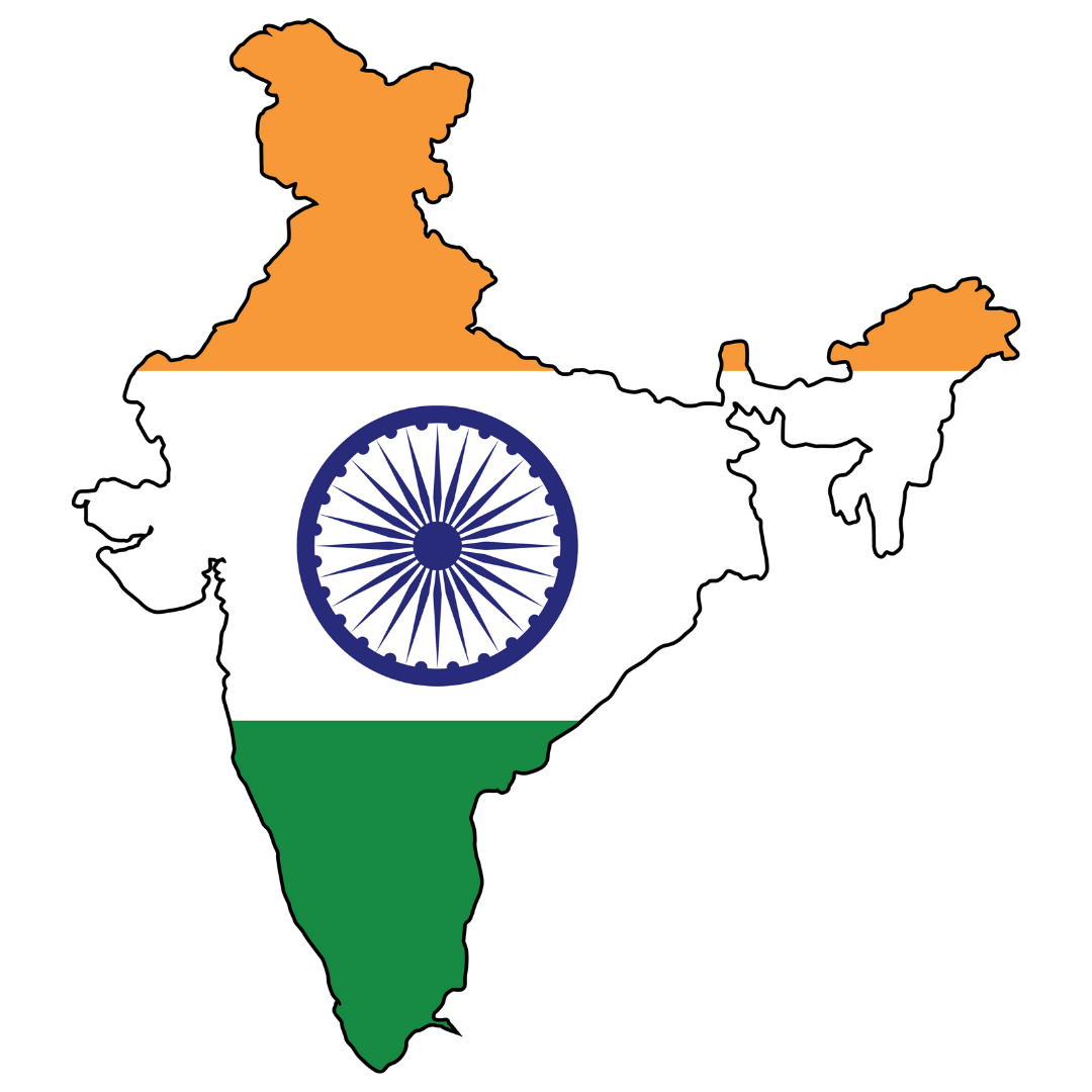 An outline of India coloured in with the Indian flag which is, from top to bottom, orange, white and green with a 24-spoke wheel, in navy blue at its centre. .