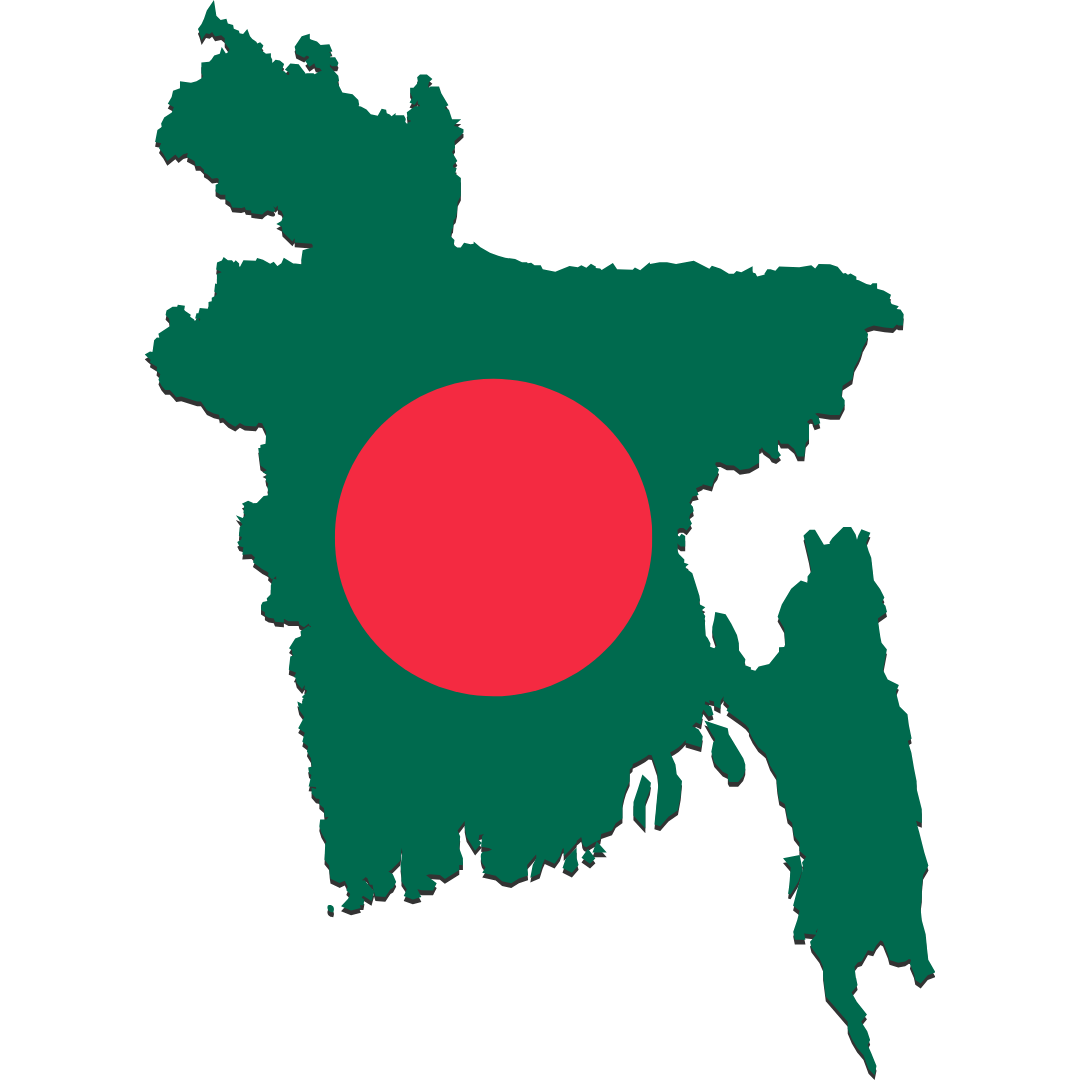 An outline of Bangladesh coloured in with the flag of Bangladesh which is dark green with a red circle in the middle.