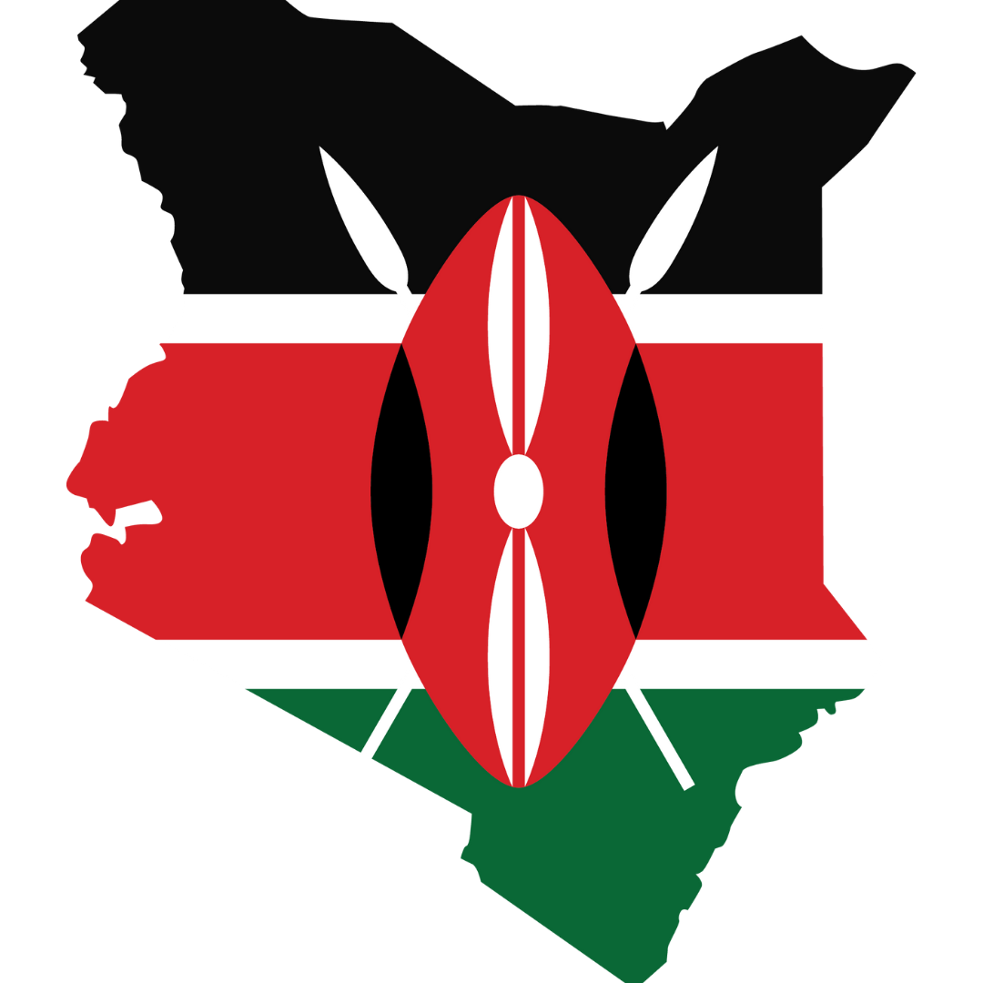 An outline of Kenya coloured in with the Kenyan flag which is, from top to bottom, black, red, and green blocks with two white edges imposed with a red, white and black Maasai shield and two crossed spears.