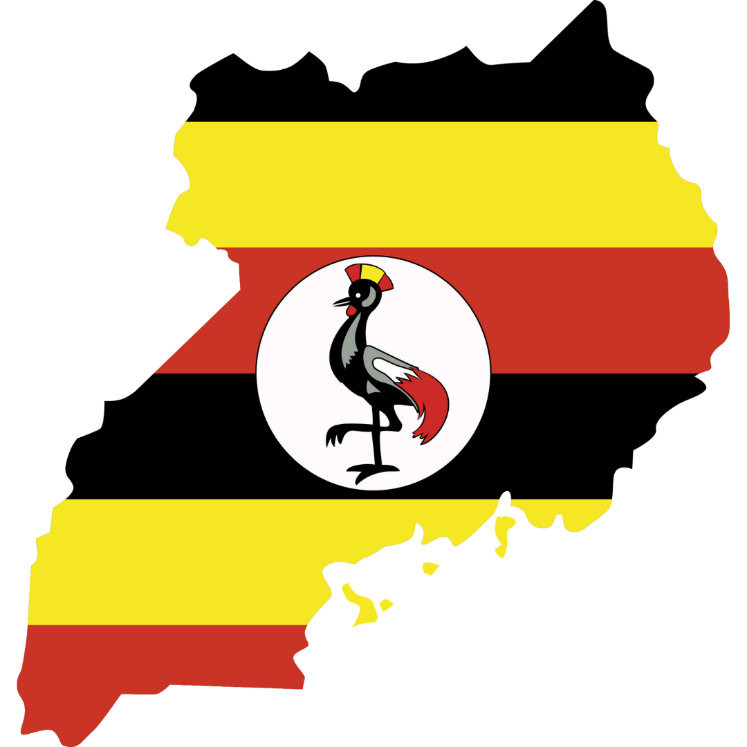 An outline of Uganda coloured in with the Ugandan flag which is, from top to bottom, horizontal bands of black, yellow, and red from top to bottom. A white disc is superimposed at the centre and depicts the national symbol, a grey crowned crane.