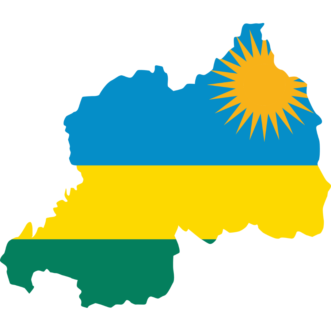 An outline of Rwanda coloured in with the Rwandan flag which is, from top to bottom, horizontal tricolour of light blue, yellow, and green, with a golden sun in the upper right corner.